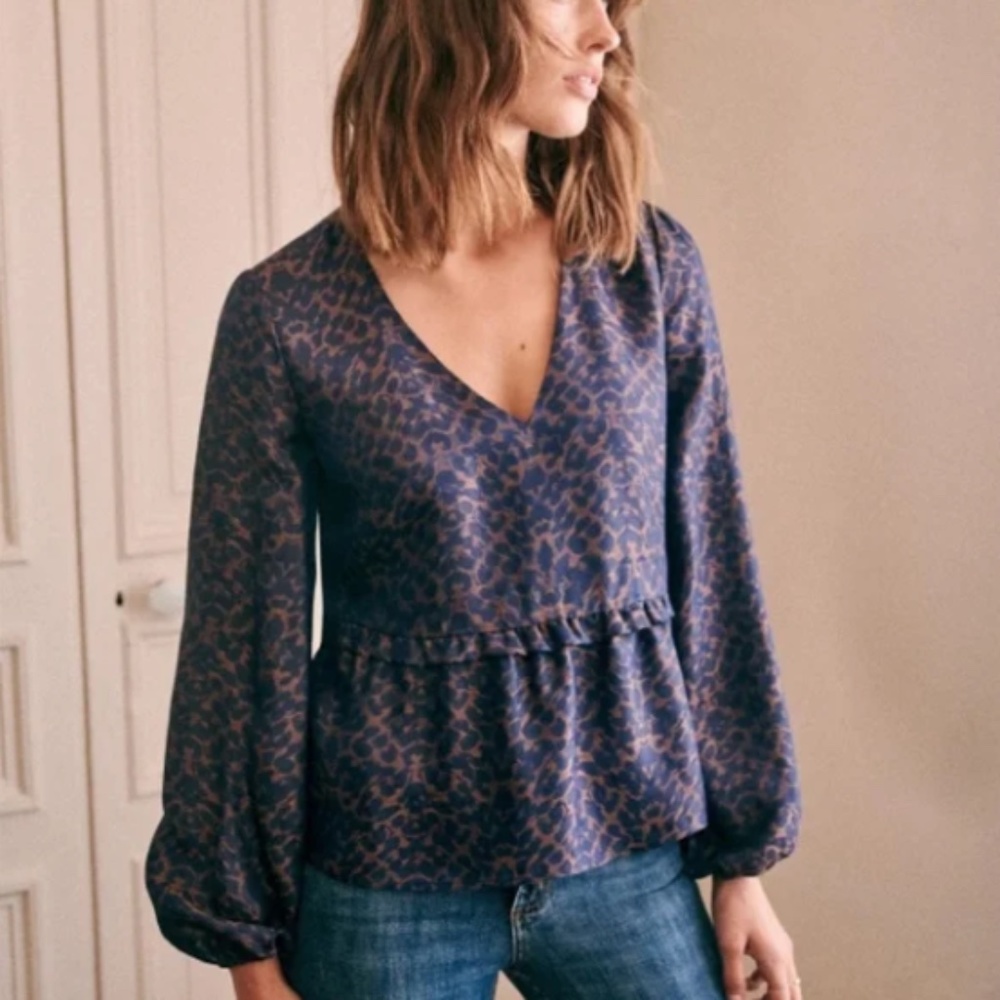 Sezane Bianca Jacquard Blouse in Blue Leopord - Size 2